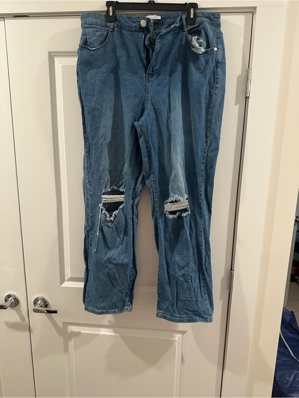 Eloquii Distressed Straight Leg Jeans in Medium Blue